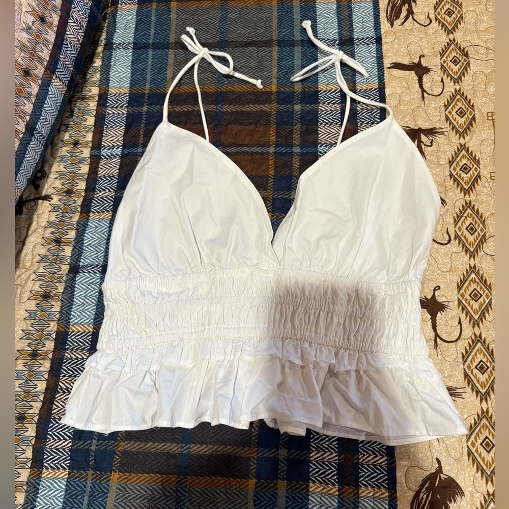Sim & Sam crop top with tie straps, a smocked bodice, and a ruffled hem NWT